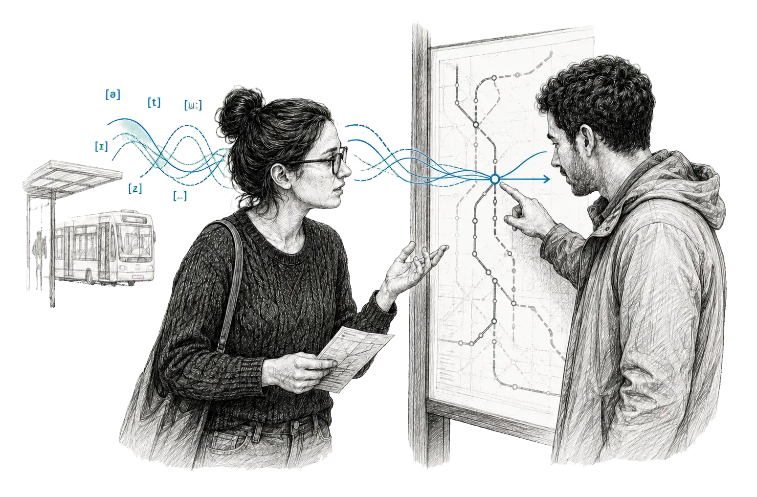 A person asks for directions at a public transport map, using speech, gesture and visual context.