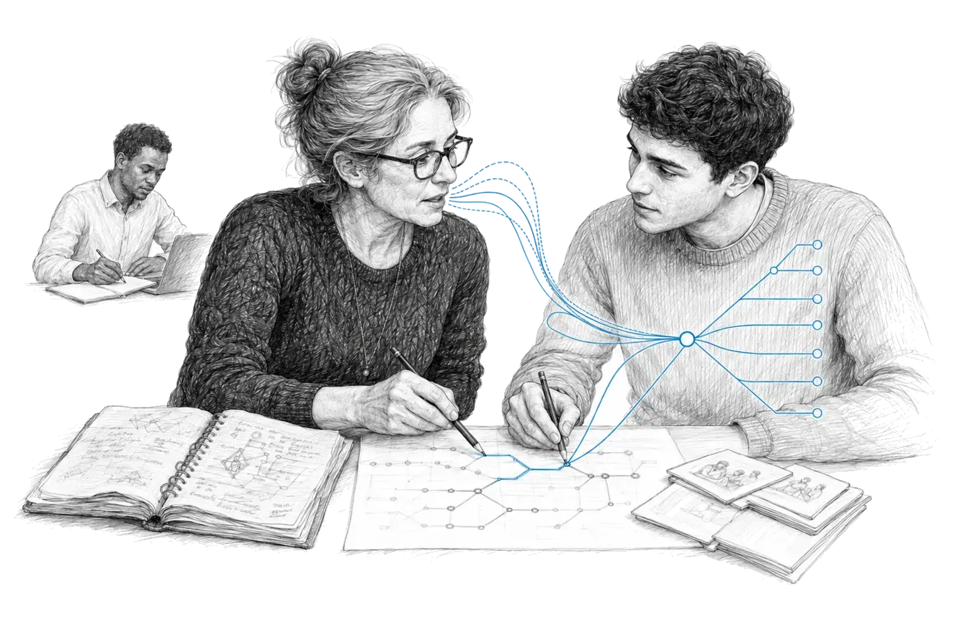 People interact in a situation related to the page; lines visualise speech and the exchange of meaning.