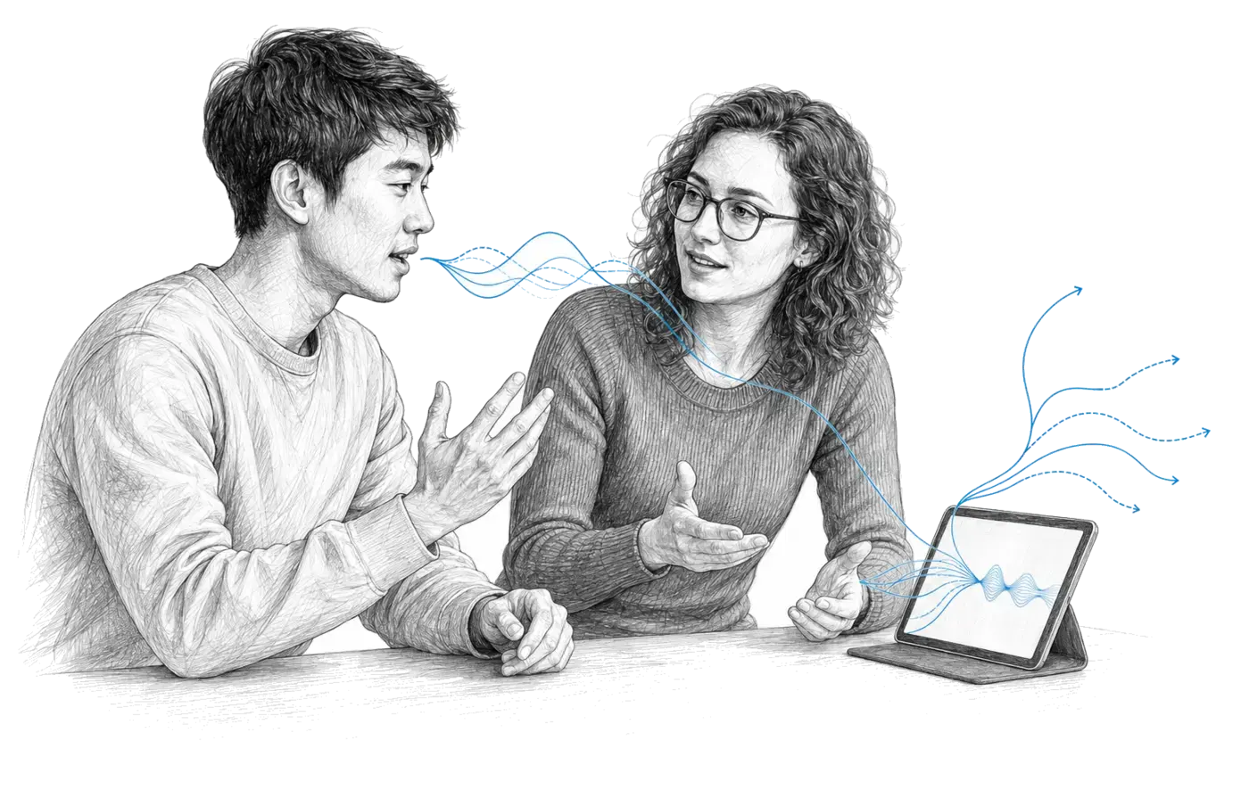 People interact in a situation related to the page; lines visualise speech and the exchange of meaning.