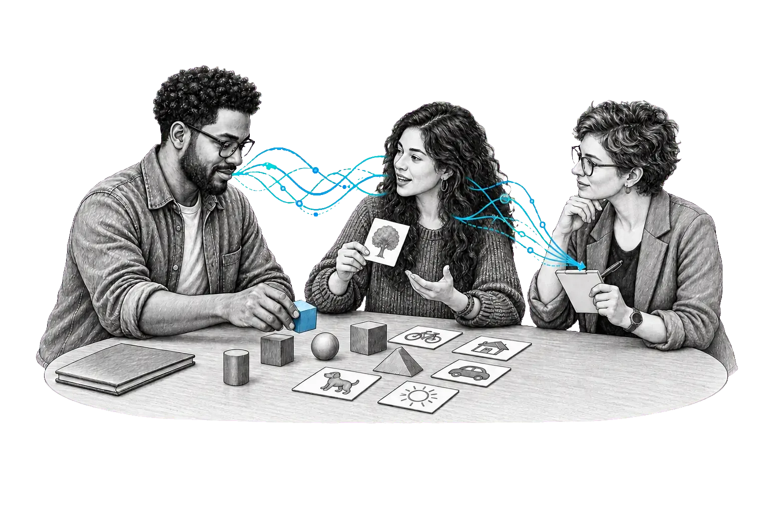 People interact in a situation related to the page; lines visualise speech and the exchange of meaning.