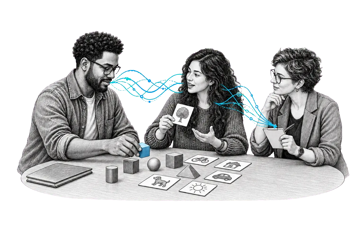 People interact in a situation related to the page; lines visualise speech and the exchange of meaning.