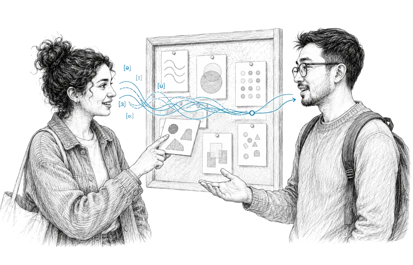 People interact in a situation related to the page; lines visualise speech and the exchange of meaning.