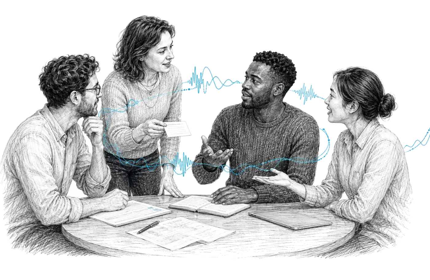 People interact in a situation related to the page; lines visualise speech and the exchange of meaning.