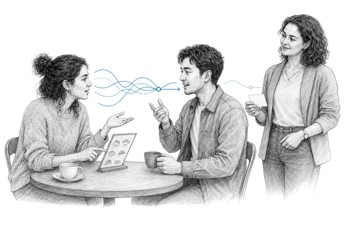 People interact in a situation related to the page; lines visualise speech and the exchange of meaning.