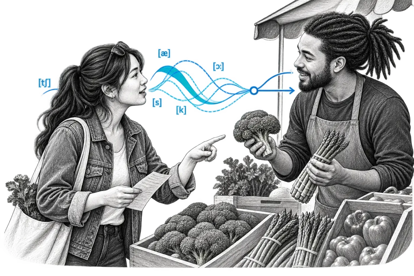 People interact in a situation related to the page; lines visualise speech and the exchange of meaning.