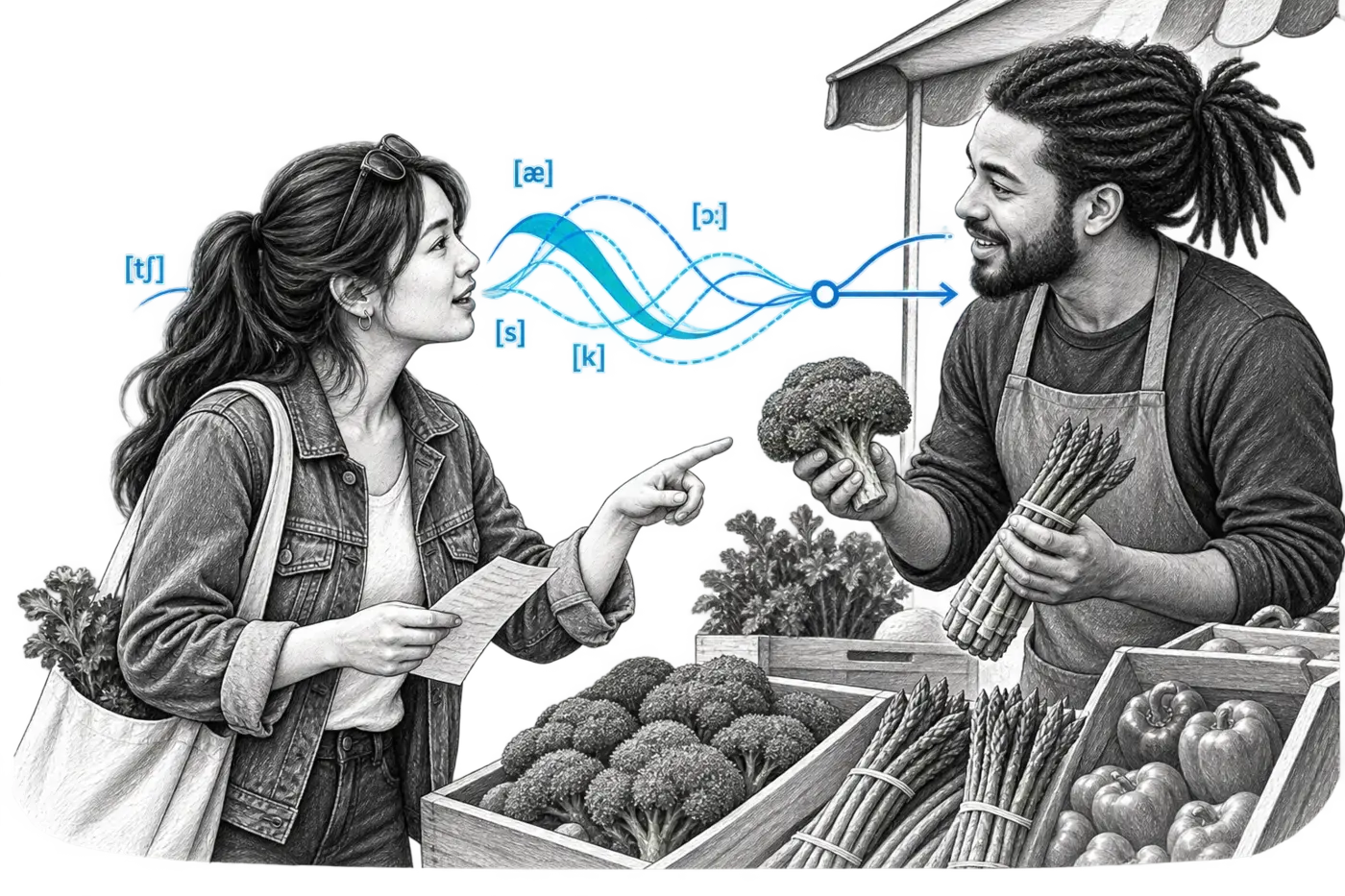 People interact in a situation related to the page; lines visualise speech and the exchange of meaning.