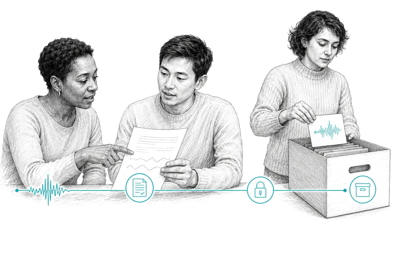 People interact in a situation related to the page; lines visualise speech and the exchange of meaning.