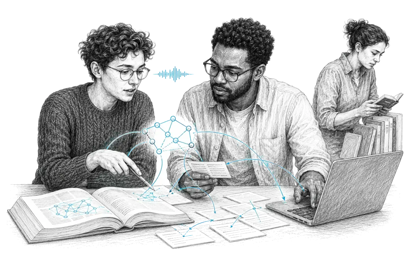 People interact in a situation related to the page; lines visualise speech and the exchange of meaning.