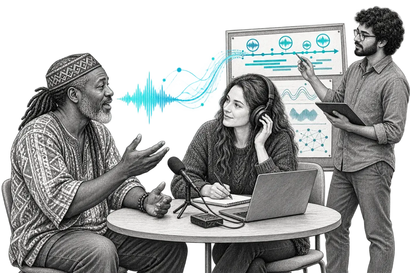People interact in a situation related to the page; lines visualise speech and the exchange of meaning.