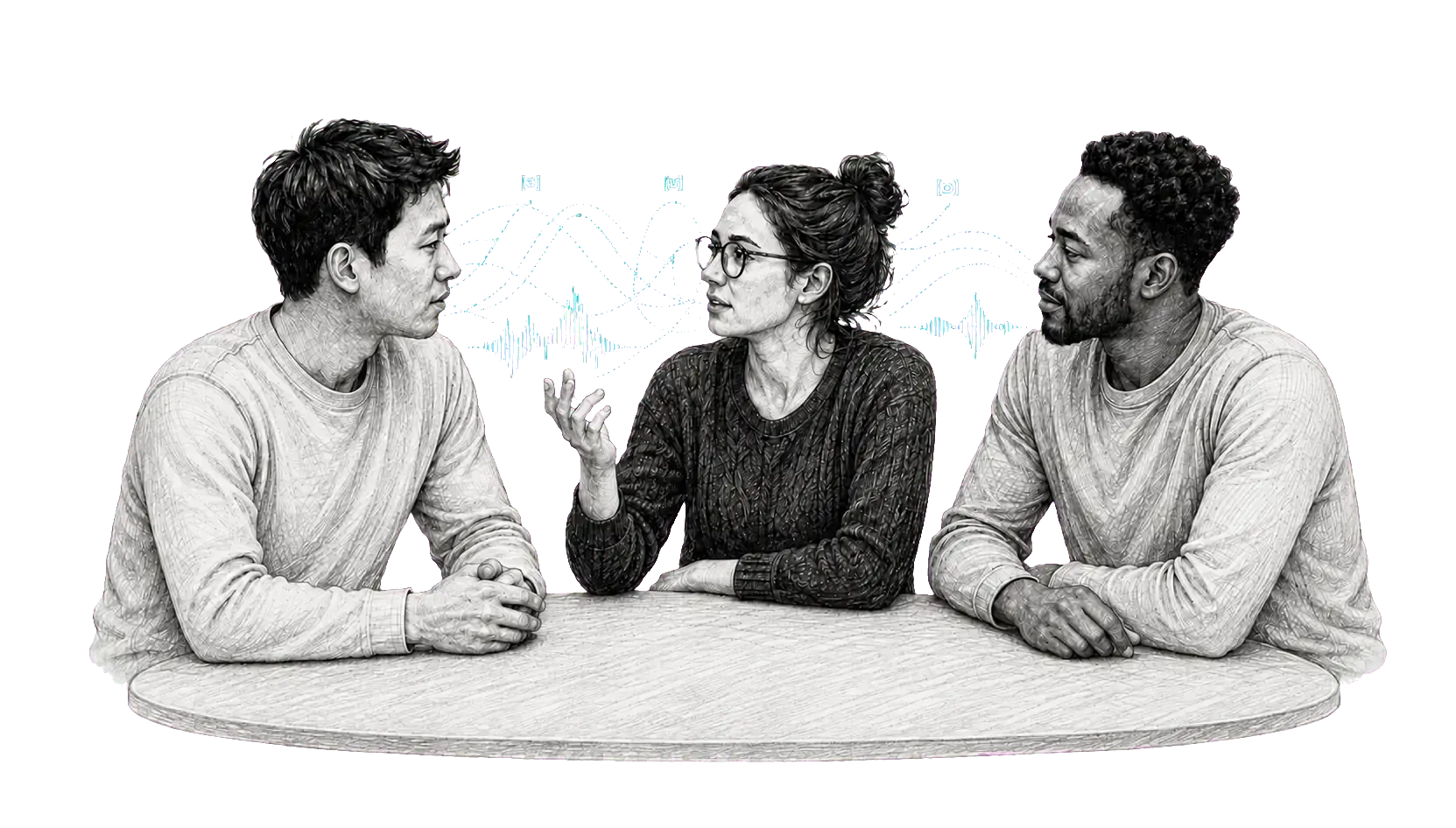 Three adults discuss a research question around a shared table.